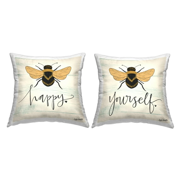 Stupell Industries Bee Happy Be Yourself Charming Insect Pun Glam Beige, 18 x 7 x 18, Decorative Pillows, (Set of 2)