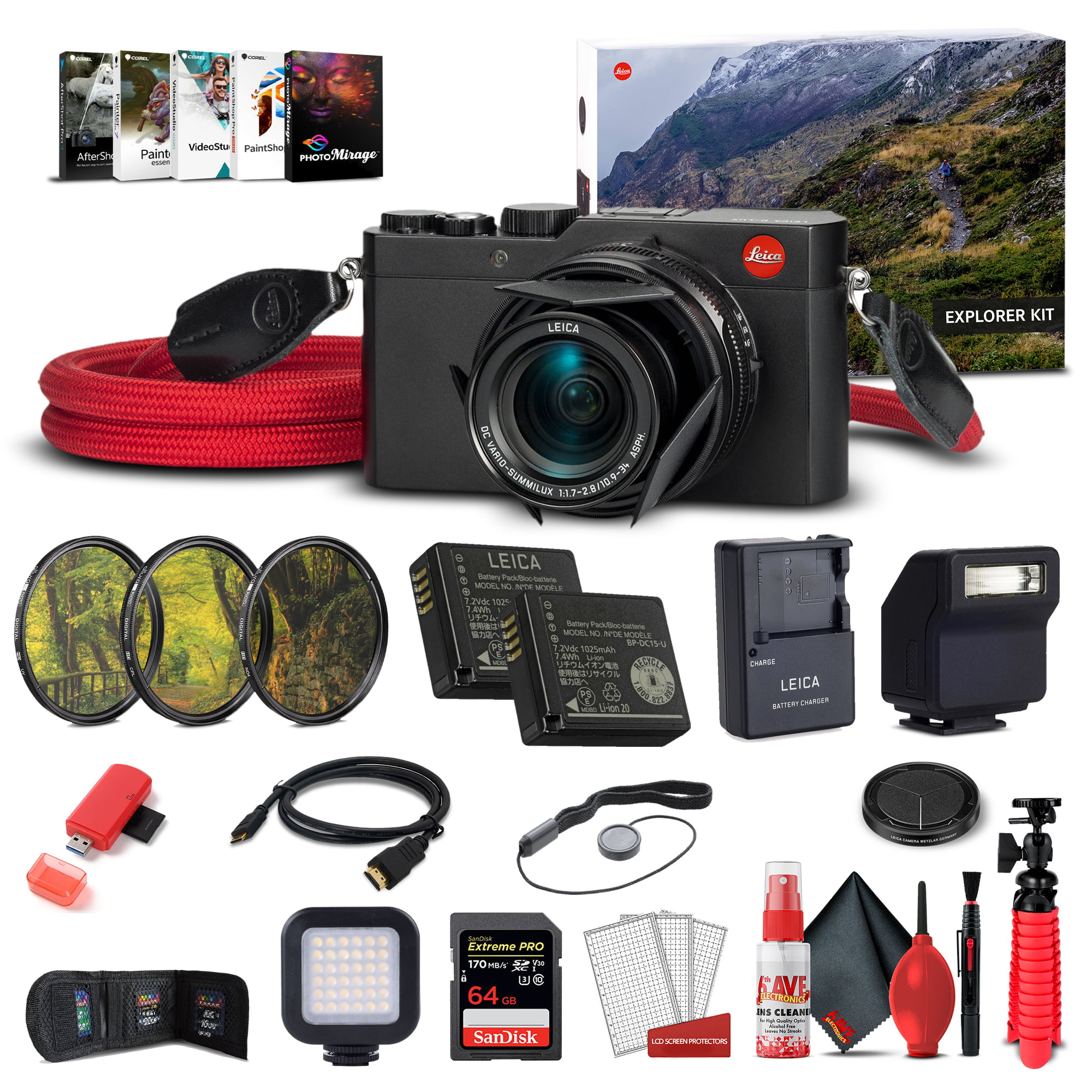 Leica D - LUX (Typ 109) Digital Camera Explorer Kit + 64GB Extreme Pro Card  + Corel Photo Software + Extra Battery + LED Light + Card Reader + 3 Piece  Filter Kit + Case and More - Deluxe Bundle 