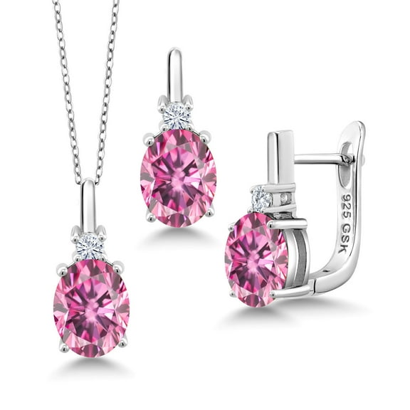 Gem Stone King 925 Sterling Silver Pendant and Earrings Jewelry Set Pink Moissanite Lab Grown Diamond (6.20 Cttw)