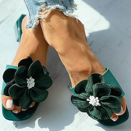 

Slippers For Women With Flowers Comfort On Casual Bohemia Beach Sandal Ladies Travel Walking Flats Shoes Sandals PU Green