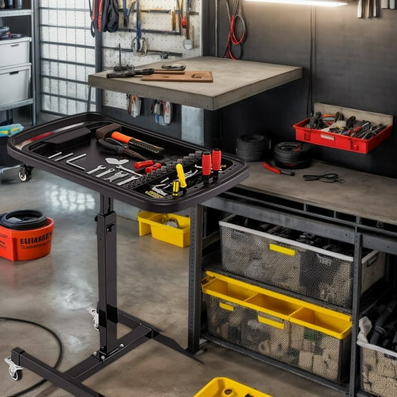 YYAo 2-in-1 Rolling Tool Tray Height Adjustable Work Table with Detachable Part Tray-Black