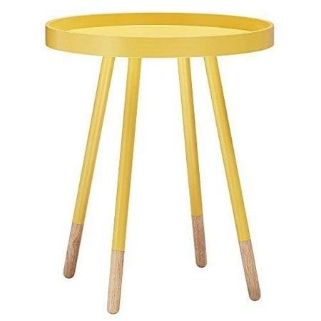 Yellow Accent Table ModHaus Living Mid Century Modern Danish Style Yellow Round Wooden Tray Top Accent Side Table with Dowel Metal Legs - Includes Pen ()