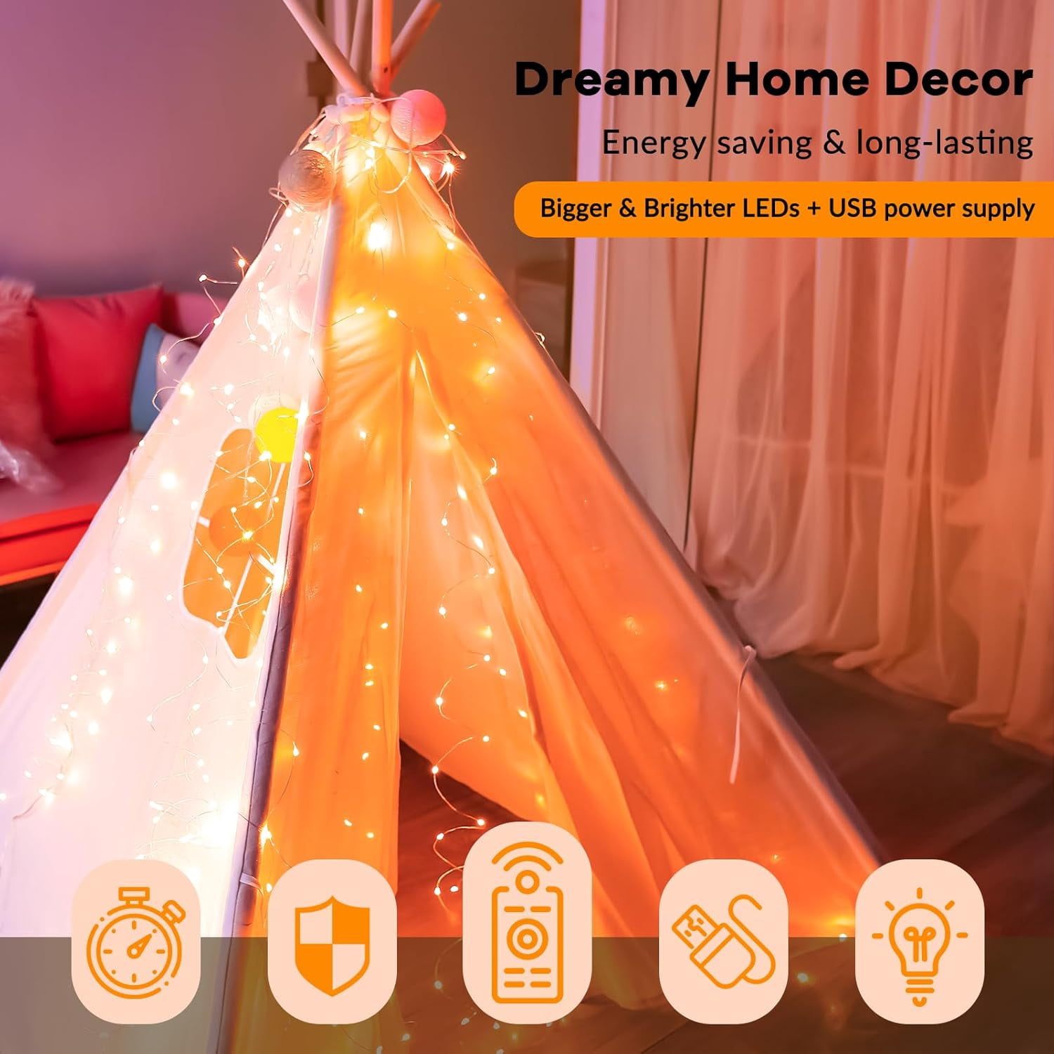 300LED Orange Fairy Curtain Lights with Remote Control, 8 Modes Timer, USB Plug-in Christmas String Lights for Bedroom, Fall, Halloween, Weddings, Party Decorations