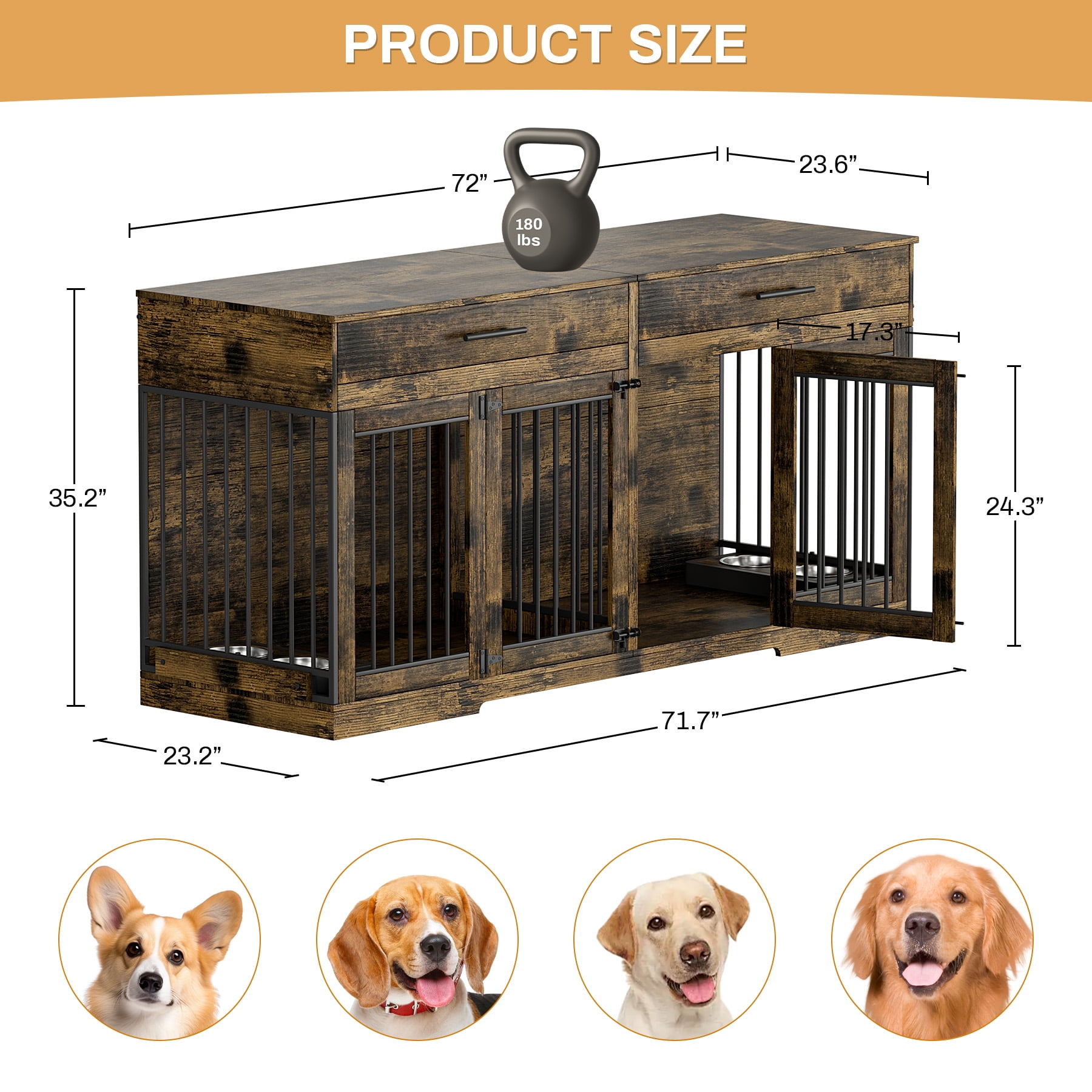 WIILAYOK 72.05" Dog Crate Furniture, Wooden Dog Kennel with 2 Drawers and 4 Dog Bowls, Heavy Duty Indoor Furniture Style Dog Cage House(Rustic Brown)