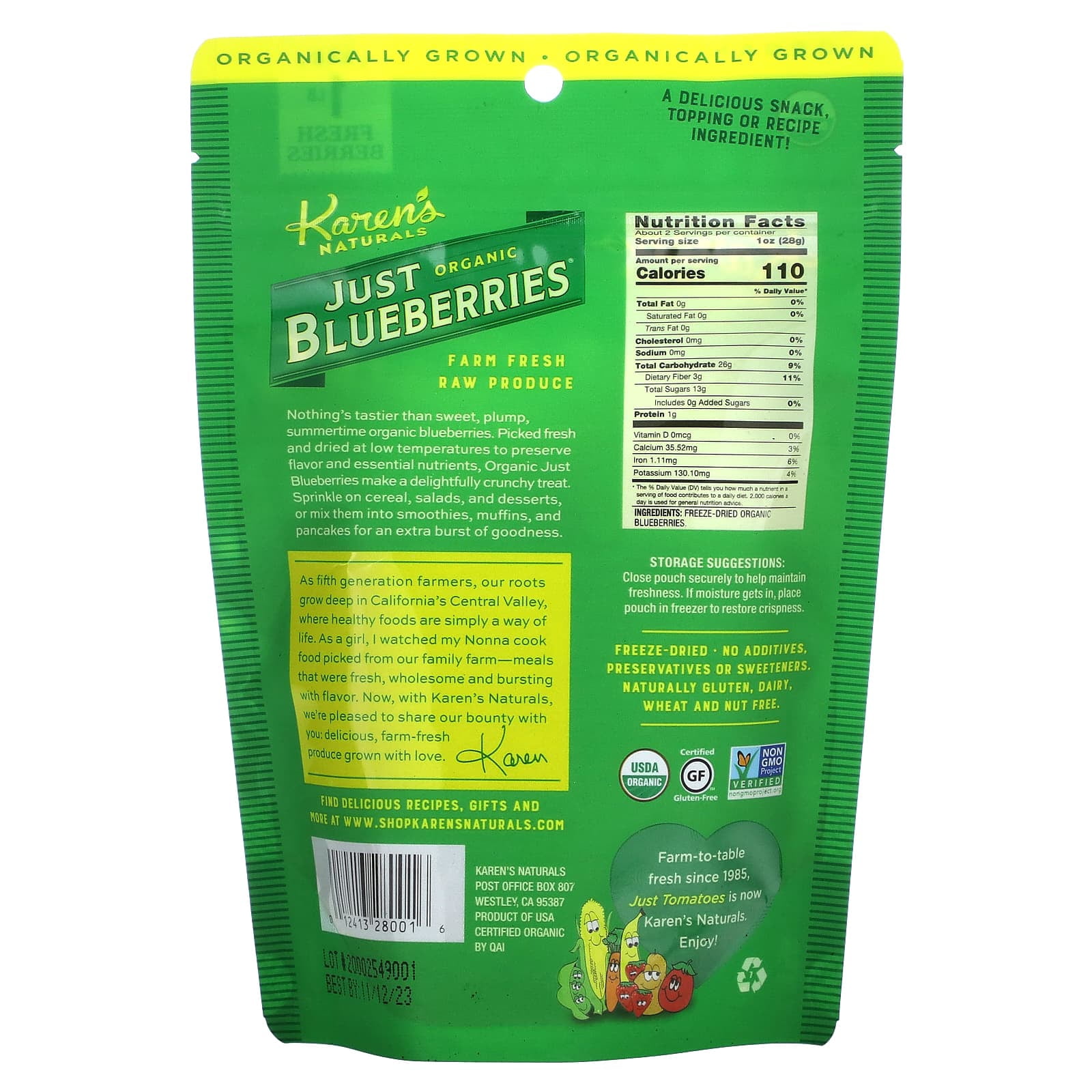 Karen's Naturals, Organic Just Blueberries, Freeze-Dried Fruit, 2 oz Pack of 2
