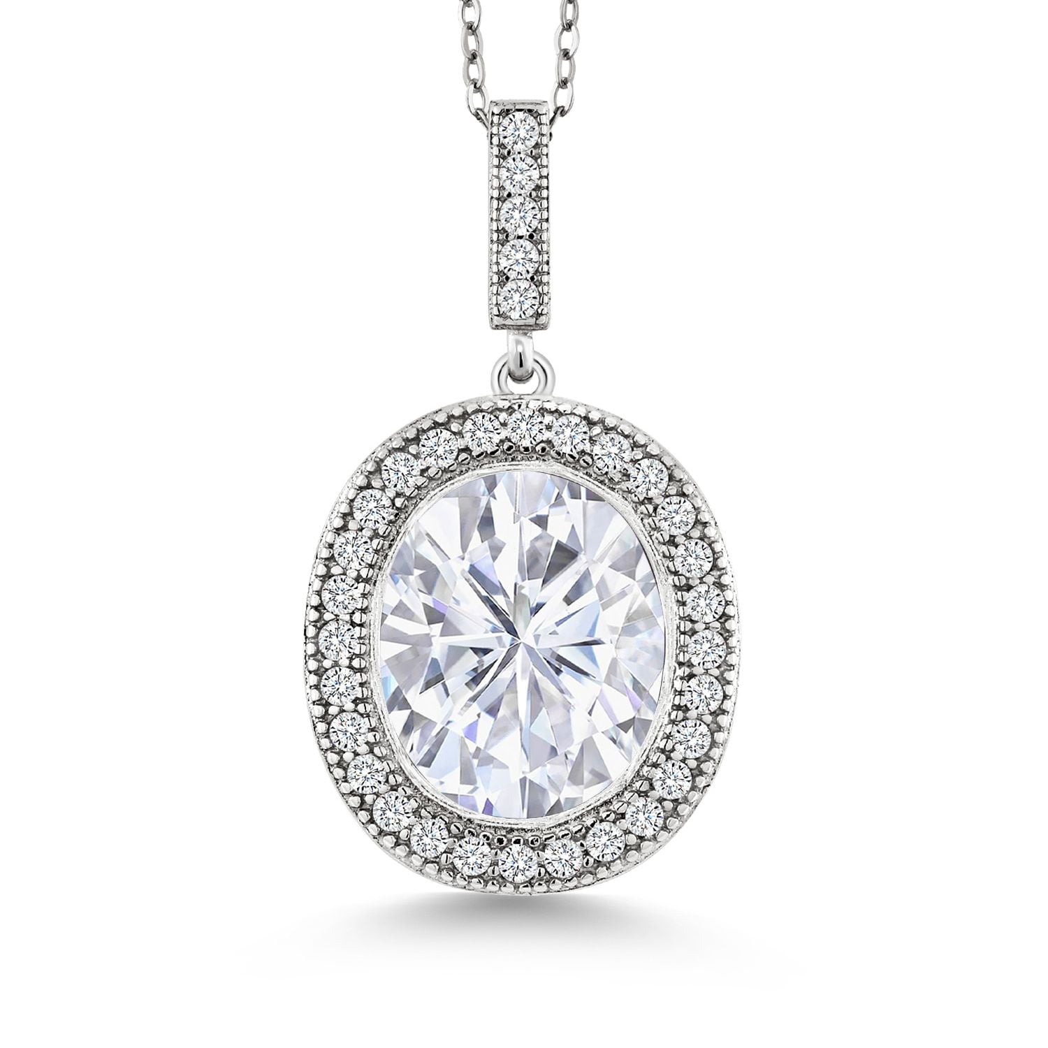 Gem Stone King 925 Sterling Silver White Moissanite Pendant Necklace for Women | 5.56 Cttw | Oval 12X10MM | With 18 inch Silver Chain