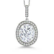 Gem Stone King 925 Sterling Silver White Moissanite Pendant Necklace for Women | 5.56 Cttw | Oval 12X10MM | With 18 inch Silver Chain