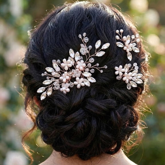 MIALLO 3Pcs Rose Gold Floral Hair Side Comb & Hairpins Set - Rhinestone Pearl Headpiece for Wedding Prom Party Decoration