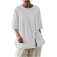 thumbnail image 2 of TKYCMSUAKI Womens 3/4 Sleeve Shirts Cotton Linen Crewneck Button Drawstring Blouses Loose Fit Solid Color T-Shirts Casual Going Out Work Tees, 2 of 8