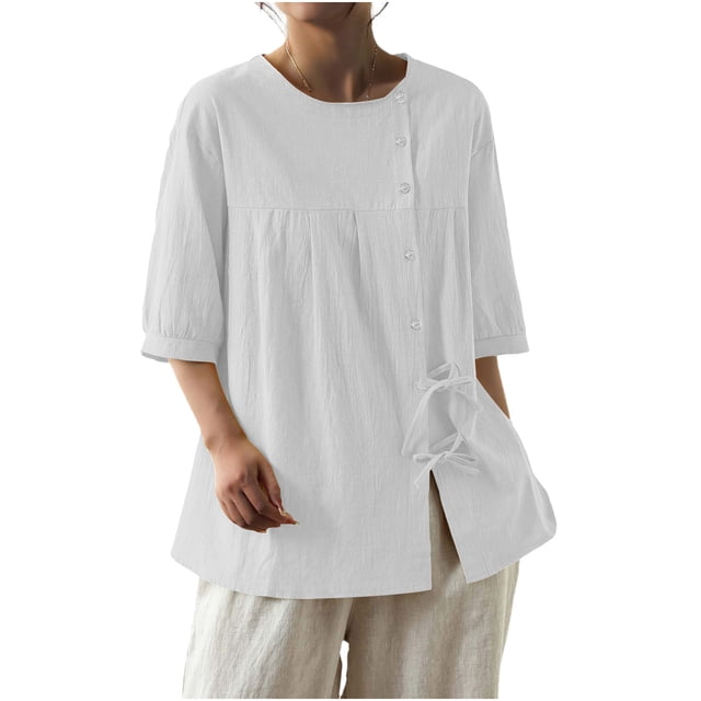 Mujeres 3/4 Manga Verano Tops Color Sólido Cuello Redondo Botón Cordón Blusa Casual para Diario