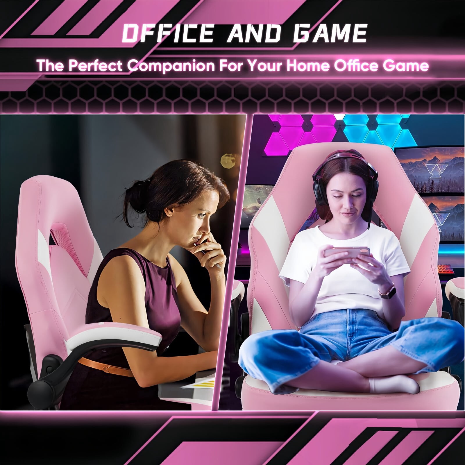 Kelno Ergonomic Gaming Chair PU Leather Computer Desk Chair with Lumbar Support Adjustable Height Flip-Up Armrests Swivel Wheels, Pink