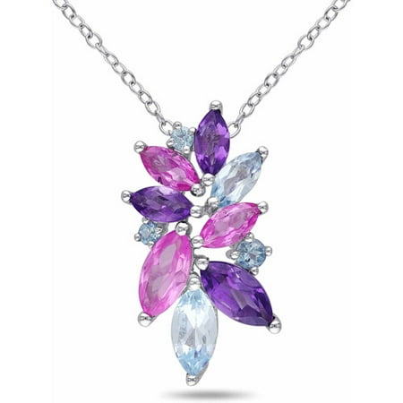 4 Carat T.G.W. Created Pink Sapphire and Amethyst with Blue Topaz Sterling Silver Flower Pendant, 18