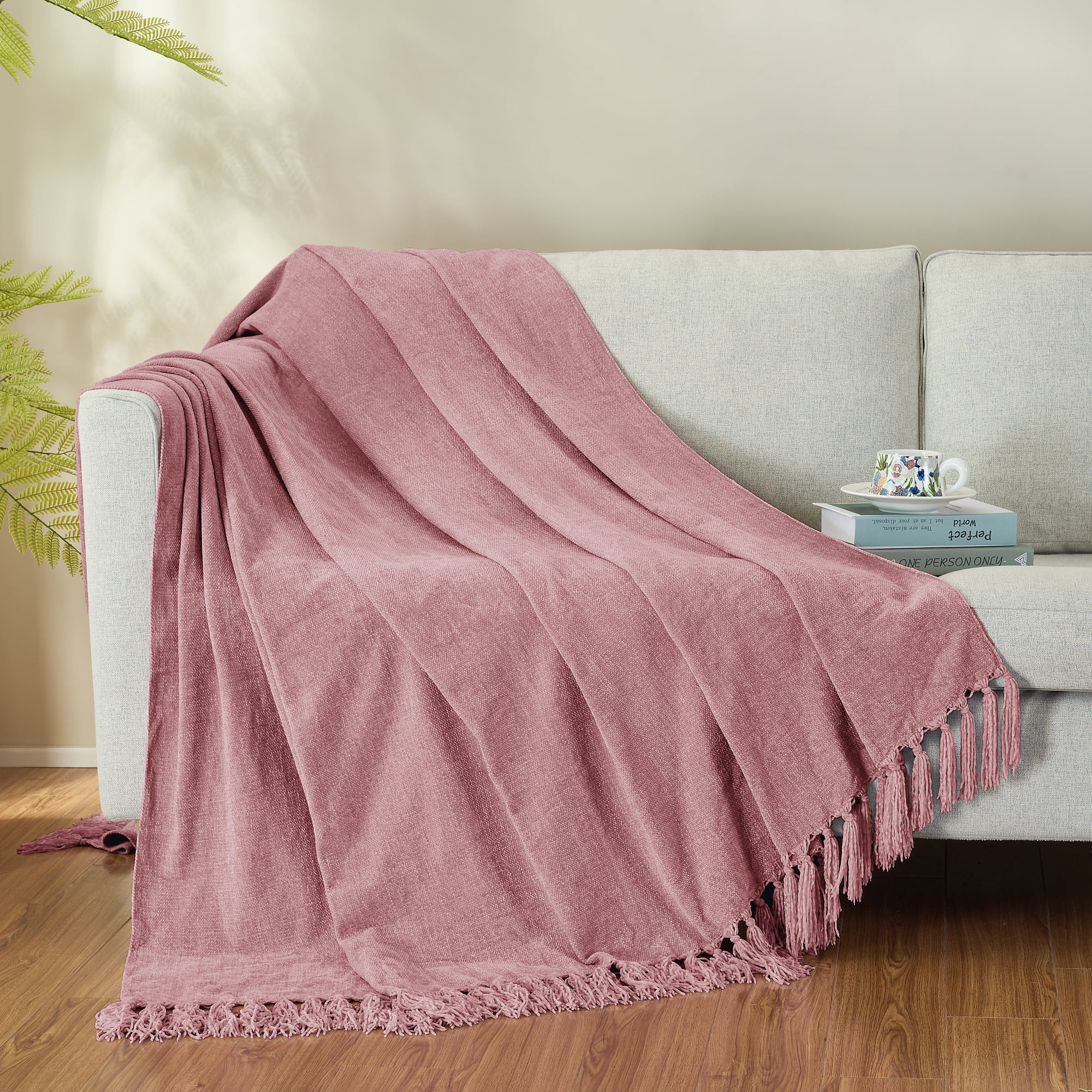 LONG CREATE Chenille Throw Blanket with Fringe Tassel for Couch Sofa Chair Bed, Mauve 60" x 90"