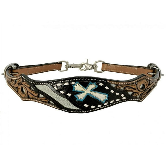 Showman Leather Wither Strap w/ Teal Hand Painted Cross & Silver Metallic Inlays