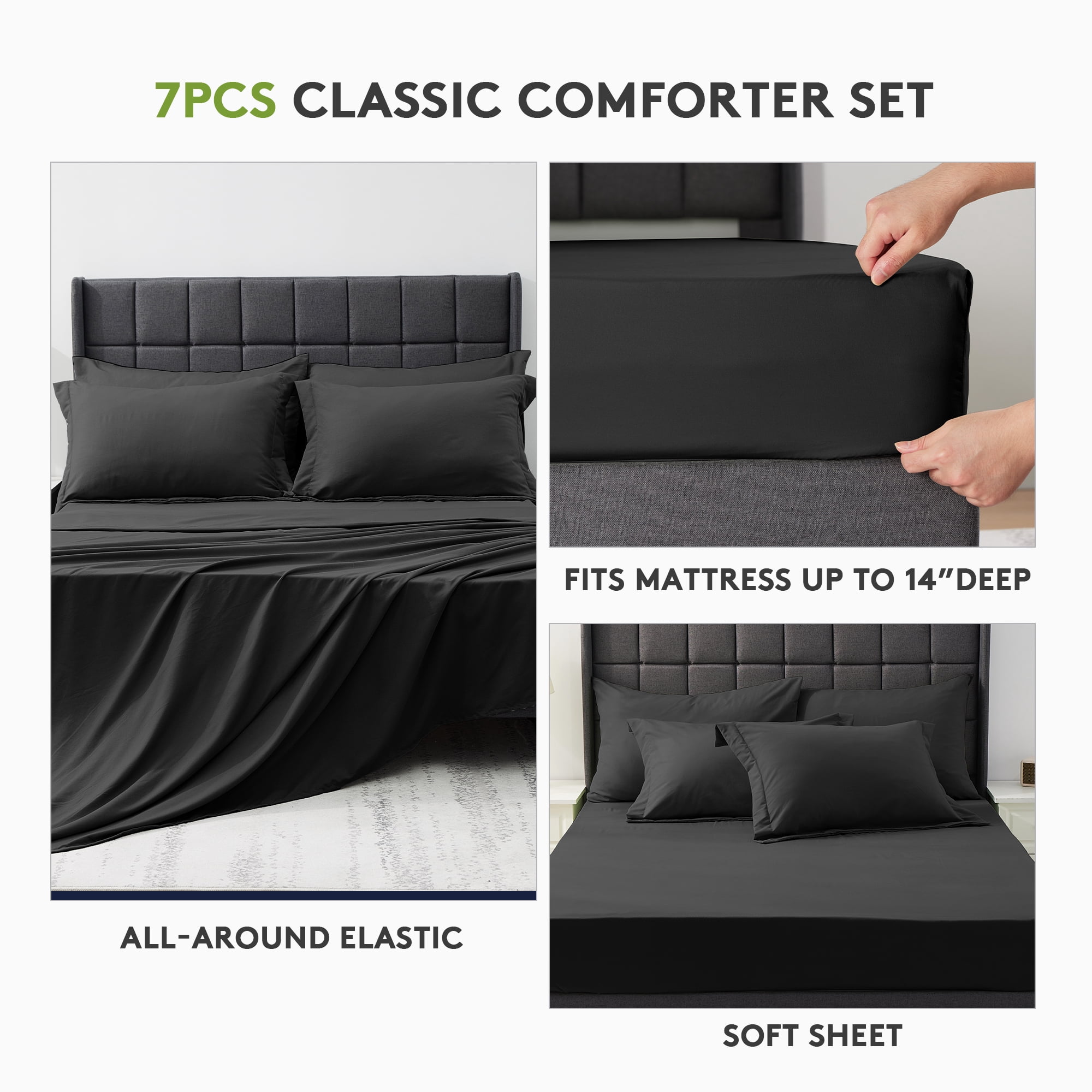 WISHEAD Full Bed in a Bag Comforter Set with 7 Pieces - Black All Season Bedding Sets with Comforter, Pillow Shams, Flat Sheet, Fitted Sheet and Pillowcases