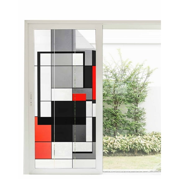 Window Privacy Film Black Red Geometric Stained Glass Window Film Decorative Sun Block Window Cover Red White Abstract Art Modern Window Clings Static Adhesive Sticker for Bathroom 35.4"x78.7"