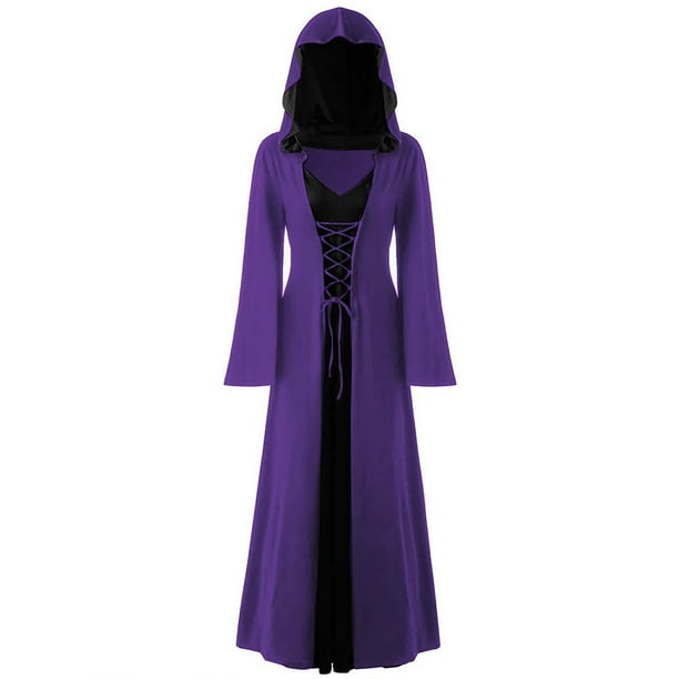 Vestido largo de manga larga con cuello en V para mujer con capucha y encaje de Halloween Pompotops hdfakjf6931