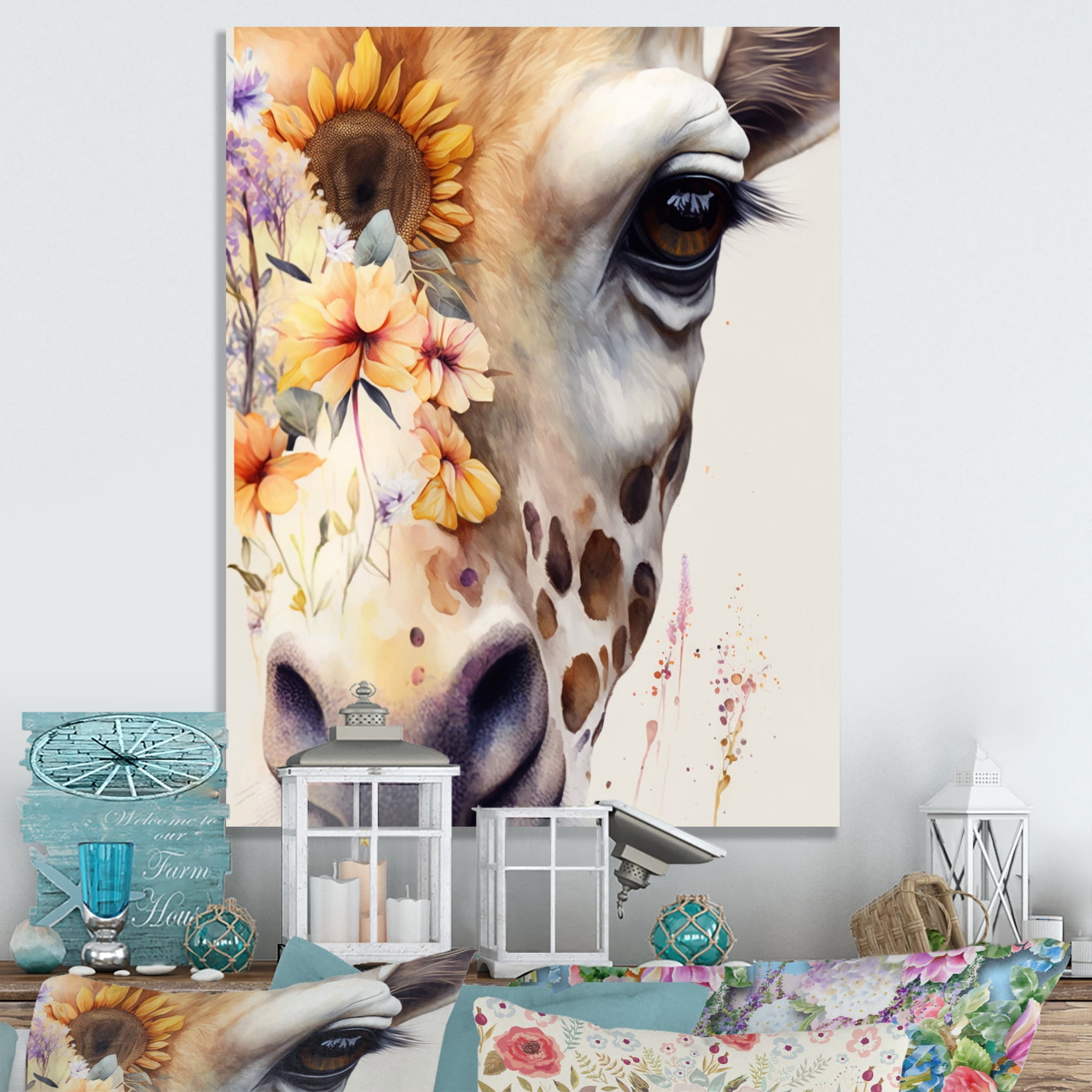 Designart Giraffe Portrait With Sunflowers I Canvas Wall Art