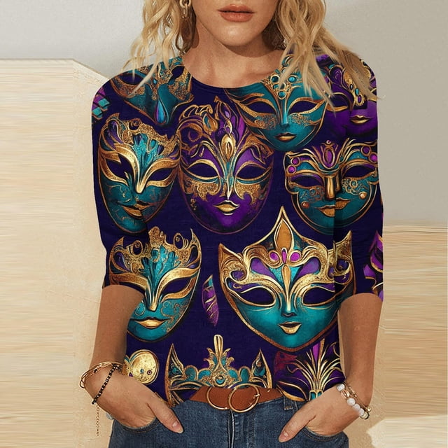 UPPADA Femmes T-Shirts à Manches 3/4 Mardi Gras Yall T-Shirts à Imprimé Floral Col Rond Blouse à devant Plissé Hauts d'Été Décontractés Chandail à Enfiler Haut Mode Fête Défilé Hauts pour Femmes Hauts à Manches 3/4 Économie
