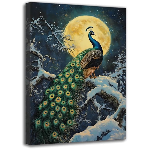Beautiful Peacock Canvas Wall Art Print - Vibrant Framed Animals with Moon Night Painting For Room Hanging Wall Decor For Living Room Bedroom Bathroom Ready to Hang Artwork (8W X 12L)