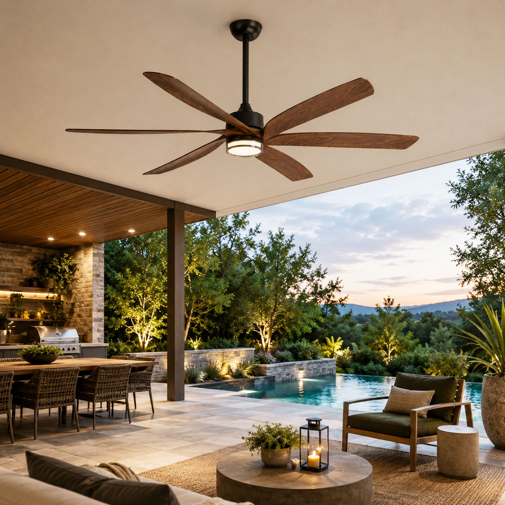 64 inch Farmhouse Ceiling Fans with Light and Remote, 6 ABS Blades Damp Rated Outdoor Patios Fan Works with Alexa Tuya App, Dula-Layer Lampshade