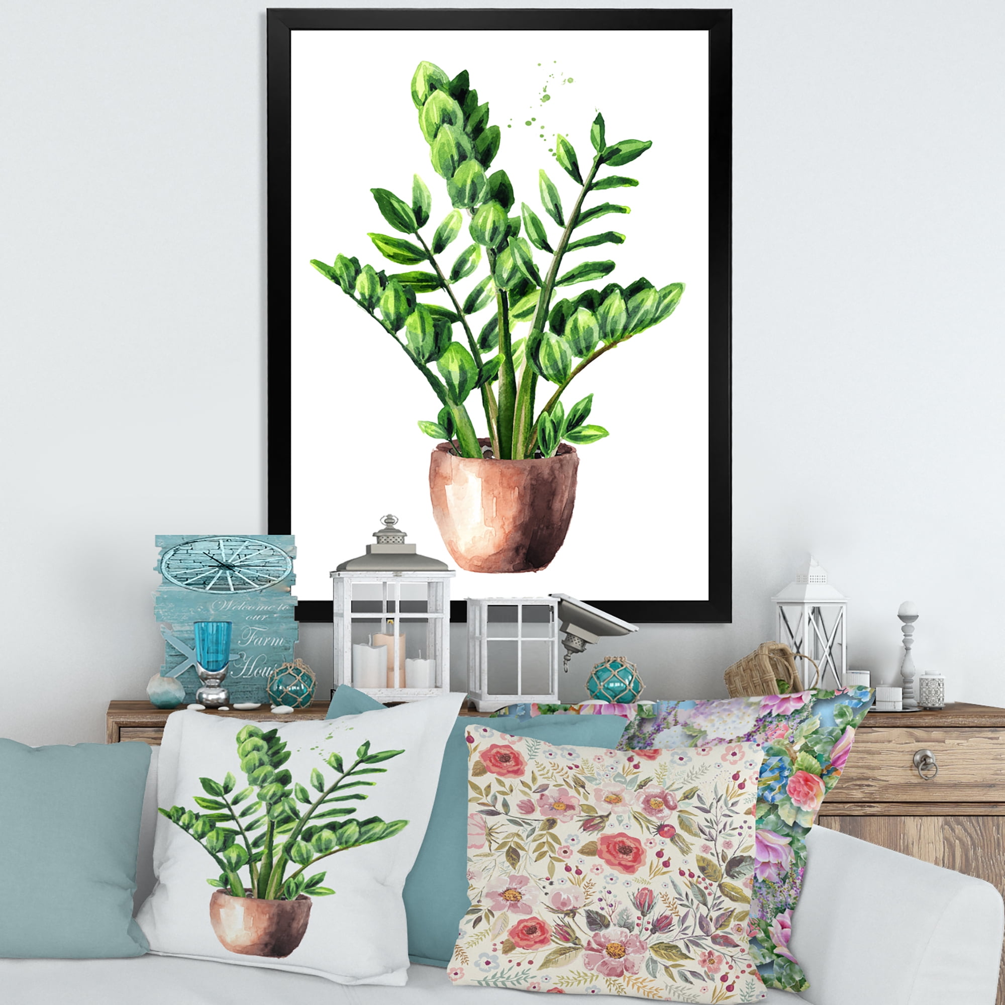 Designart 'Zamioculcas Tropical Plant With Green Leaves On White' Traditional Framed Art Print