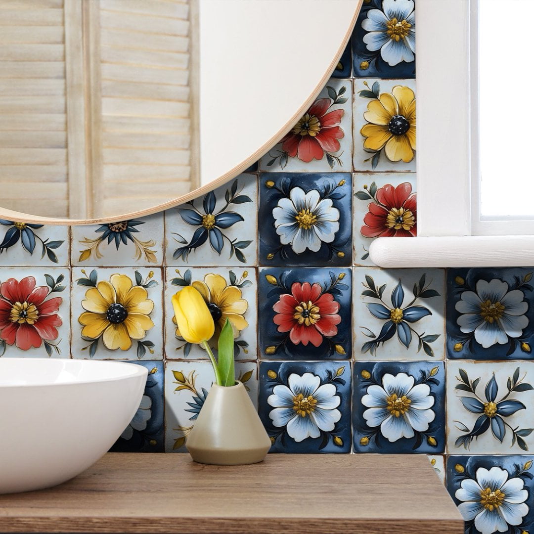 24 Piece Self Adhesive Tiles Stickers Wall Decals 8 x 8in Waterproof Kitchen Backsplash Multicolour Flowers Pattern DIY Decor Peel and Stick Tile Mural