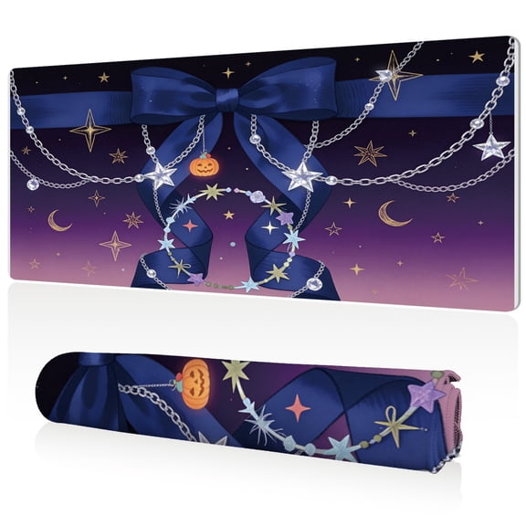 LIVEKEY Mouse Pad 80x40cm Extra Large Non Slip Stitched Durable Easy Clean Blue Bow Stars Chains Pumpkin for Gaming Office