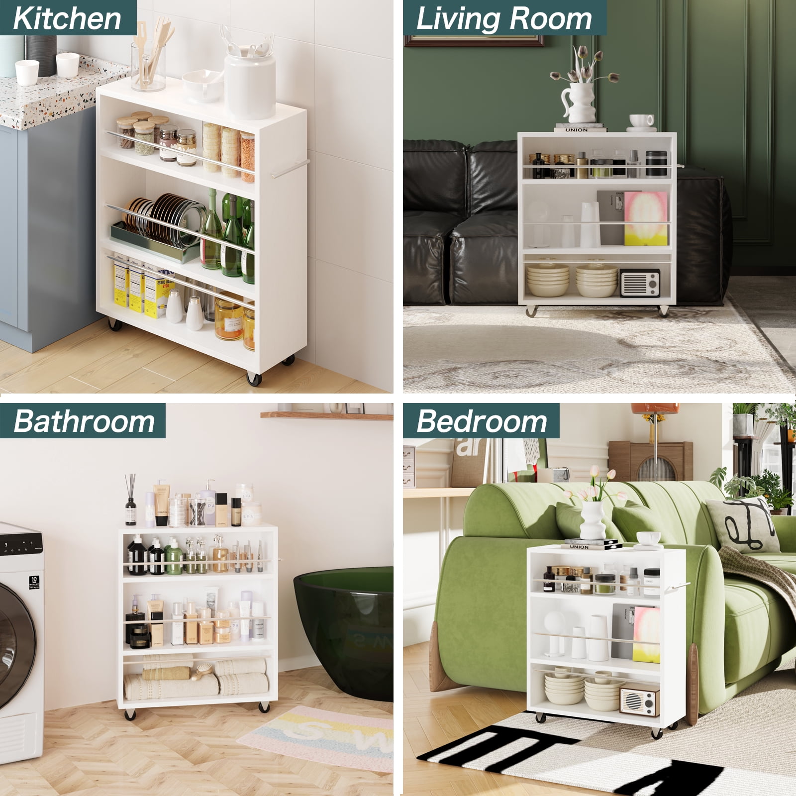 Wonline Modern Slim Storage Rolling Cart with 3-Tier Adjustable Shelving Organizer for Kitchen,Bathroom,Laundry Room(White)