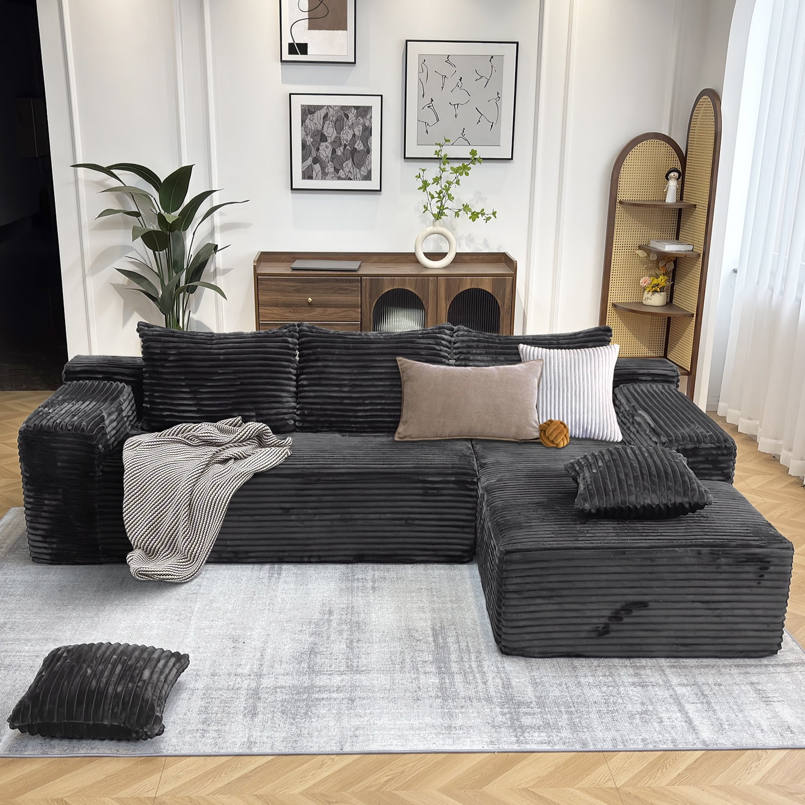 Kelyda 104'' Modular L-Shaped Sectional Sofa, Modern Memory Foam Deep Seat Corduroy Boneless Cloud Couch Grey