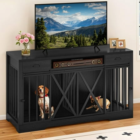 Uforic 63" Dog Crate Furniture with 2 Drawers,TV Stand with Charging Station 63" Large Wooden Indoor Dog Kennel - Gray