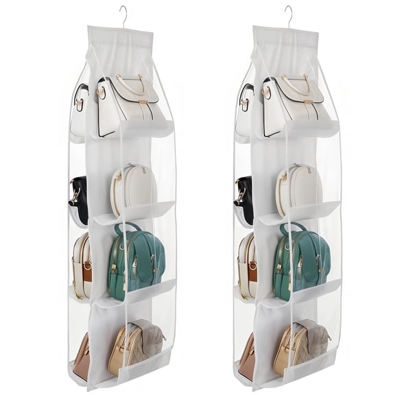 2 Pack Hanging Handbag Purse Organizer for Closet, 8 Pockets Space Saving Wardrobe Storage with Heavy Duty Hooks (White)