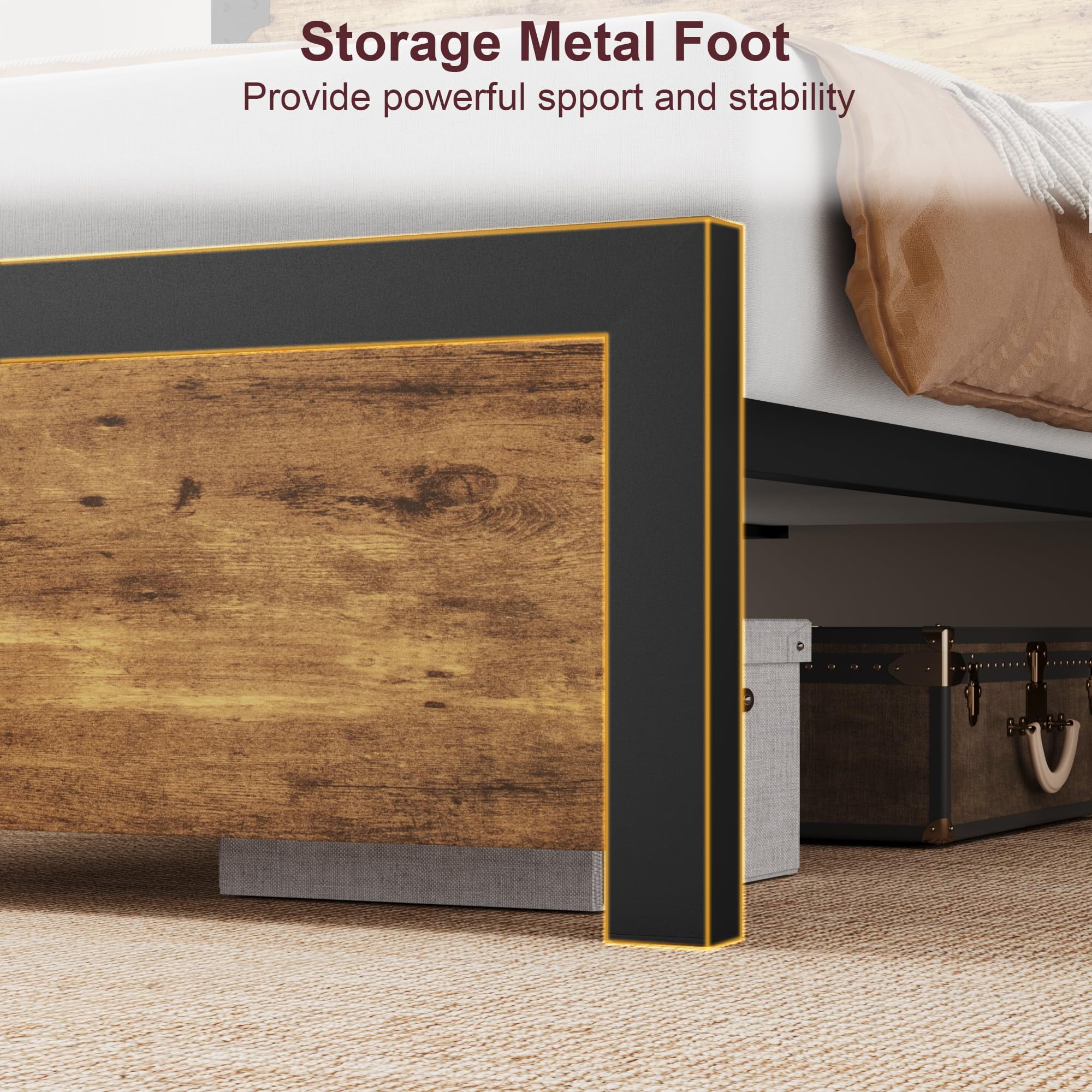 Queen Size Bed Frame with Wood Headboard, King Platform Bed Frame with Under Bed Storage and Metal Legs, Noise Free, No Box Spring Needed, Easy Assembly-Rustic Brown