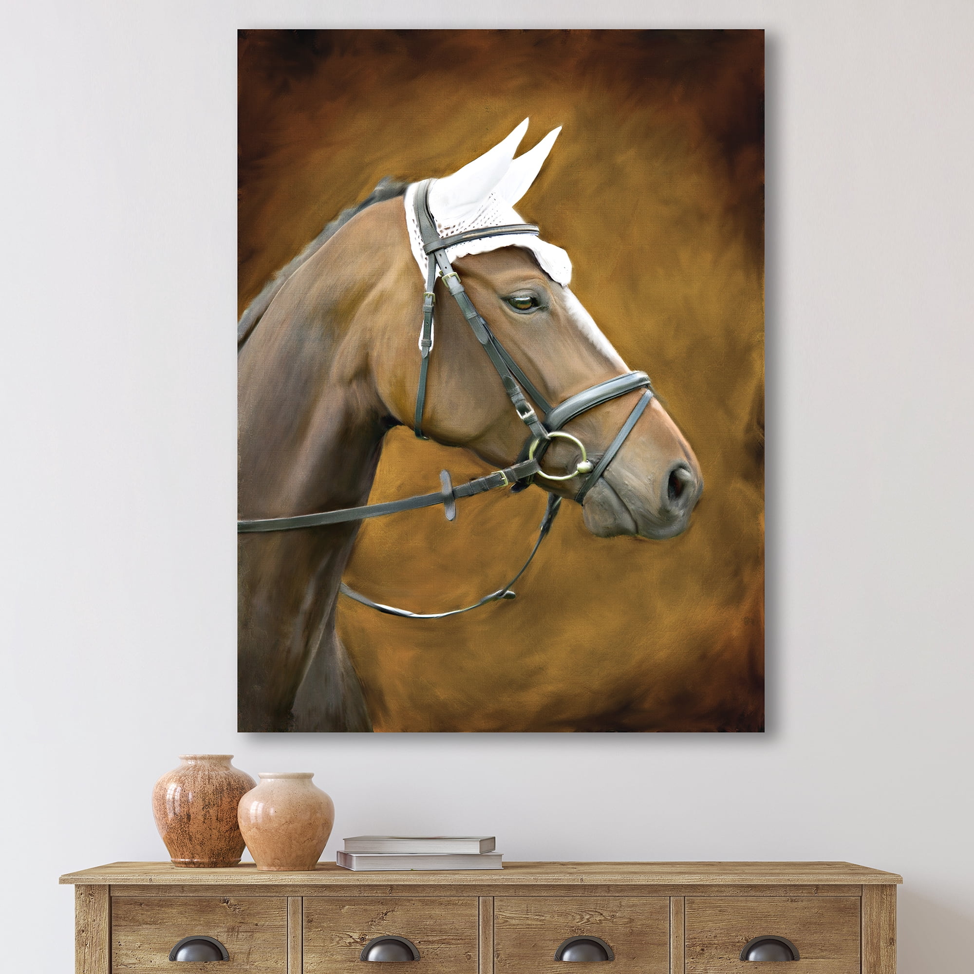 Designart ' Close Up Portrait Of Brown Horse With White Ears ' Farmhouse Canvas Wall Art Print