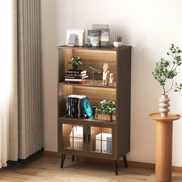Lvsomt Retro Wood Bookcase With Light, Dark Brown Bookcase With Glass Doors And Windows