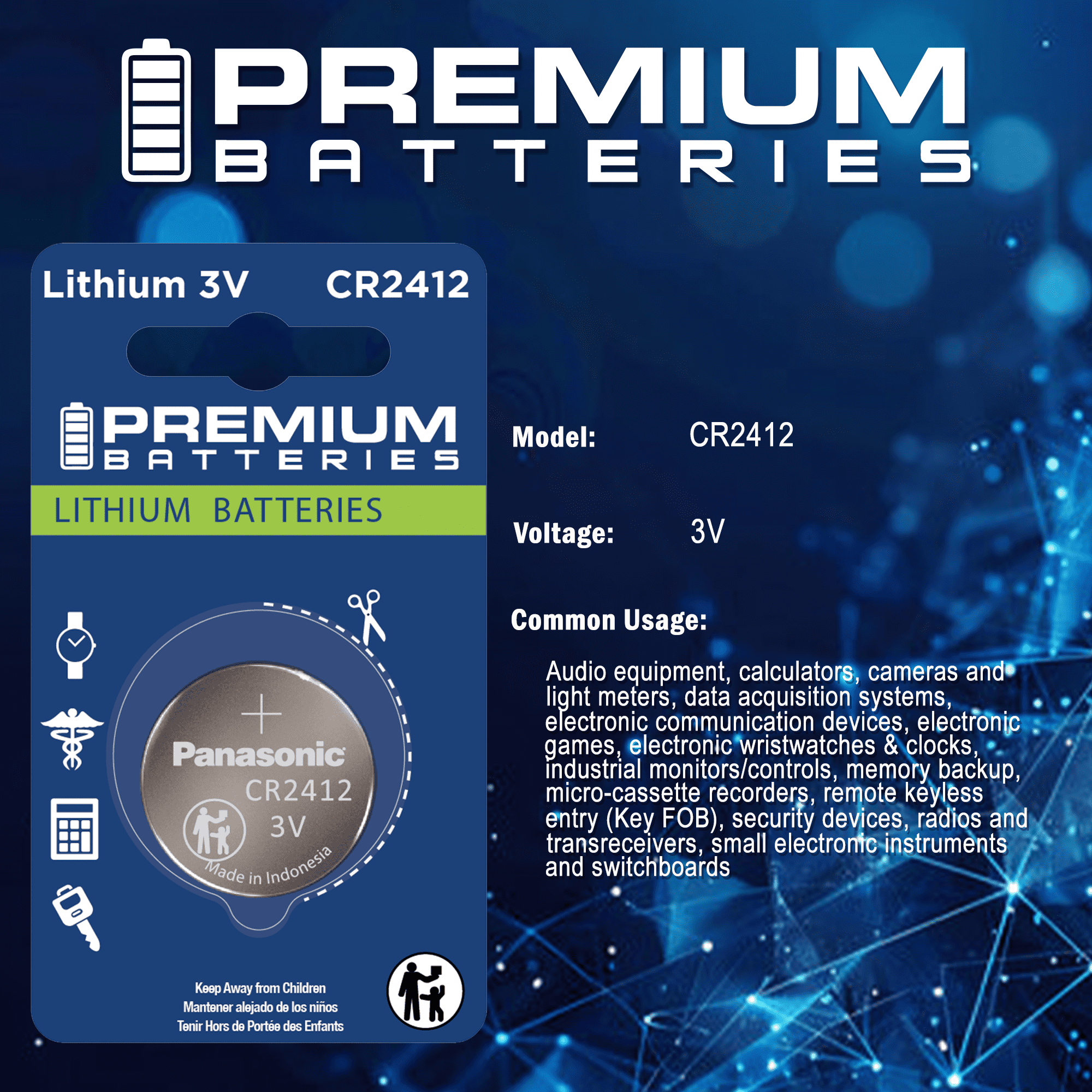 Panasonic CR2412 Lithium 3V Coin Cell Battery, DL2412 BR2412