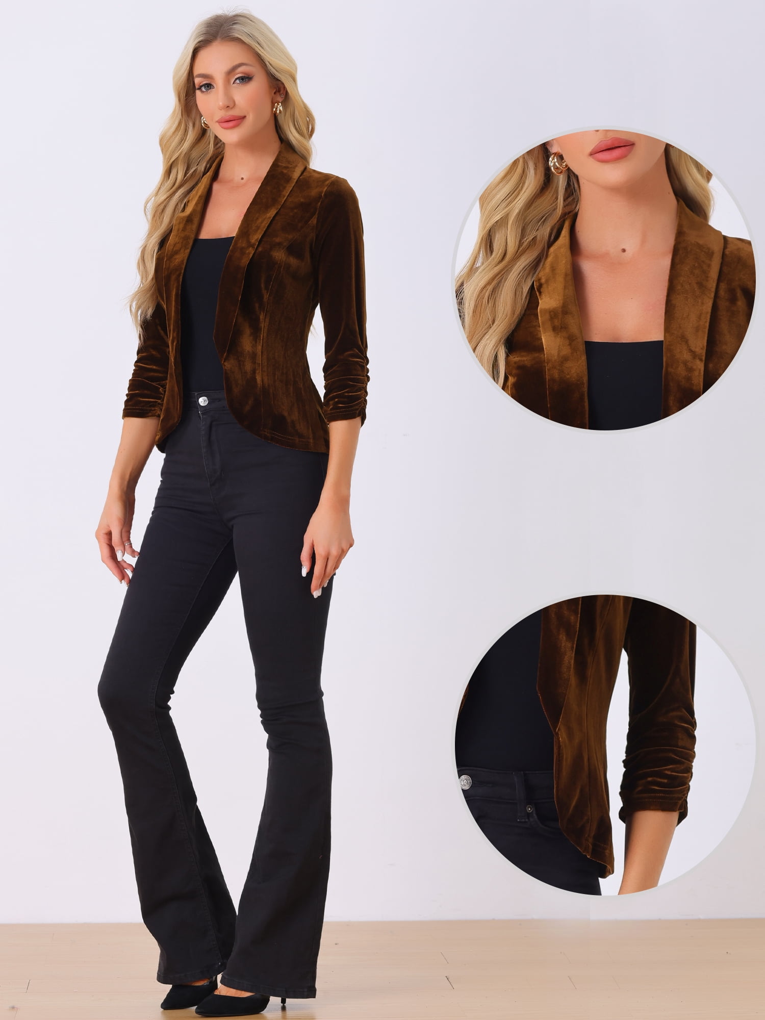 DARING DIVA Women's Velvet Shawl Lapel Collar Open Front Cardigans L Brown