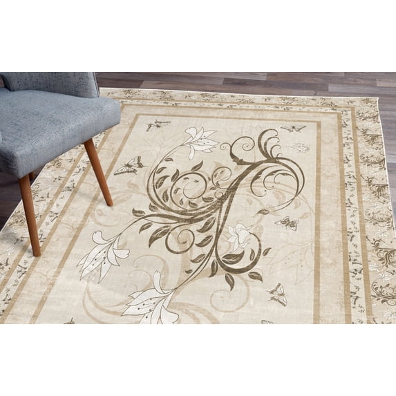 Spring Area Rug, Swirling Floral Look Design of Blossoming Flowers and Flying Butterflies, Soft Carpet for Living Room Decor with Distressed Look, 4' X 5.7', Ivory Eggshell Brown, by Ambesonne