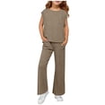 thumbnail image 2 of Otqutp Girls Summer 2 Piece Outfits Cap Sleeve Shirts Wide Leg Pants Sets Kids Ribbed Knit Matching Set Travel Vacation Clothes 2026, 2 of 4