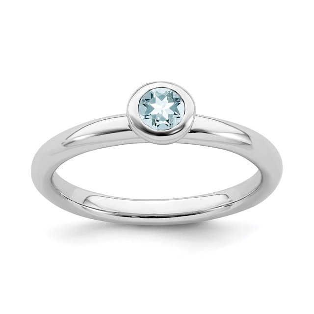 925 Sterling Silver Low 4mm Round Aquamarine Stackable Ring Birthstone March Gemstone