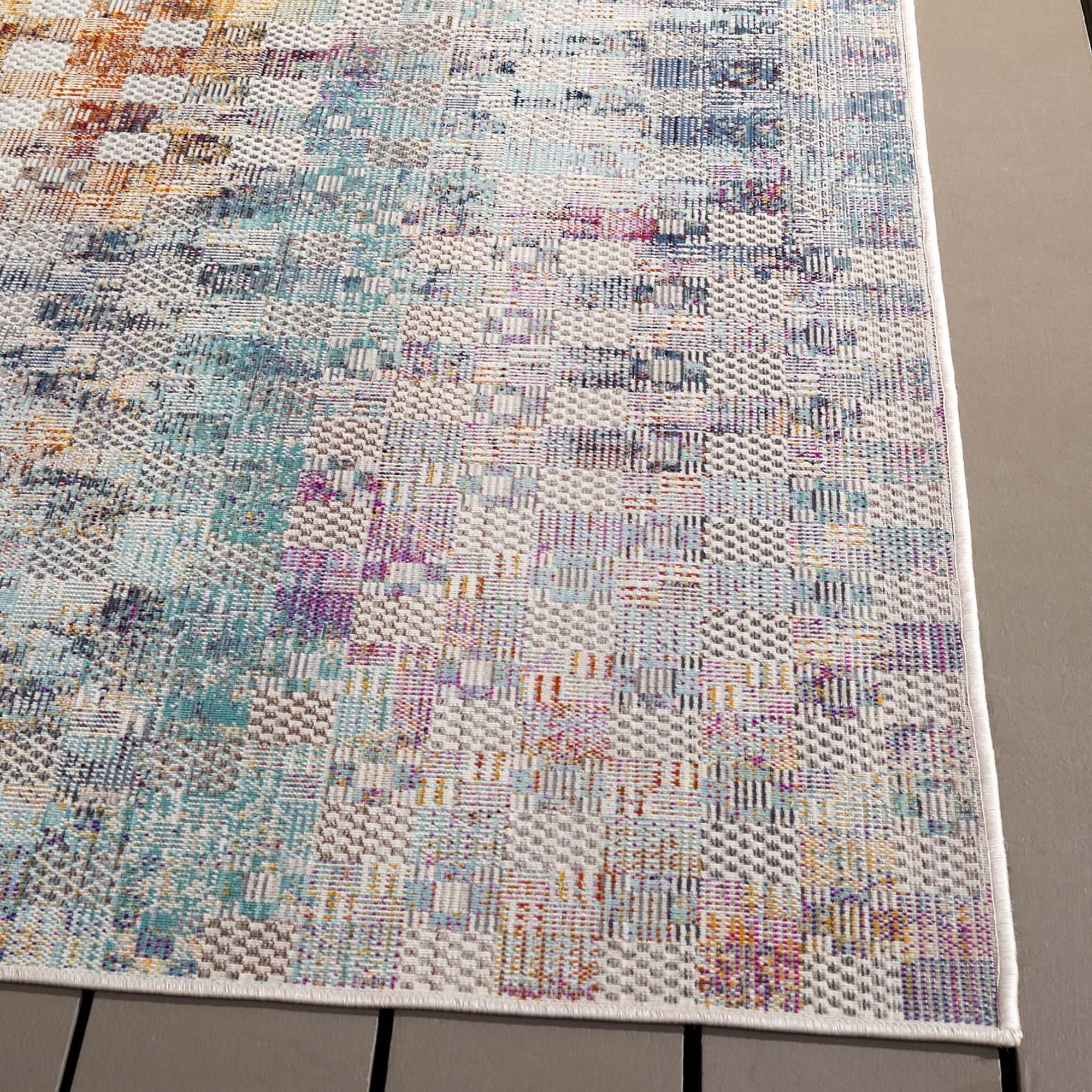 SAFAVIEH Rainbow Jamel Abstract Indoor/Outdoor Runner Rug, Blue/Gold, 2'6" x 8'