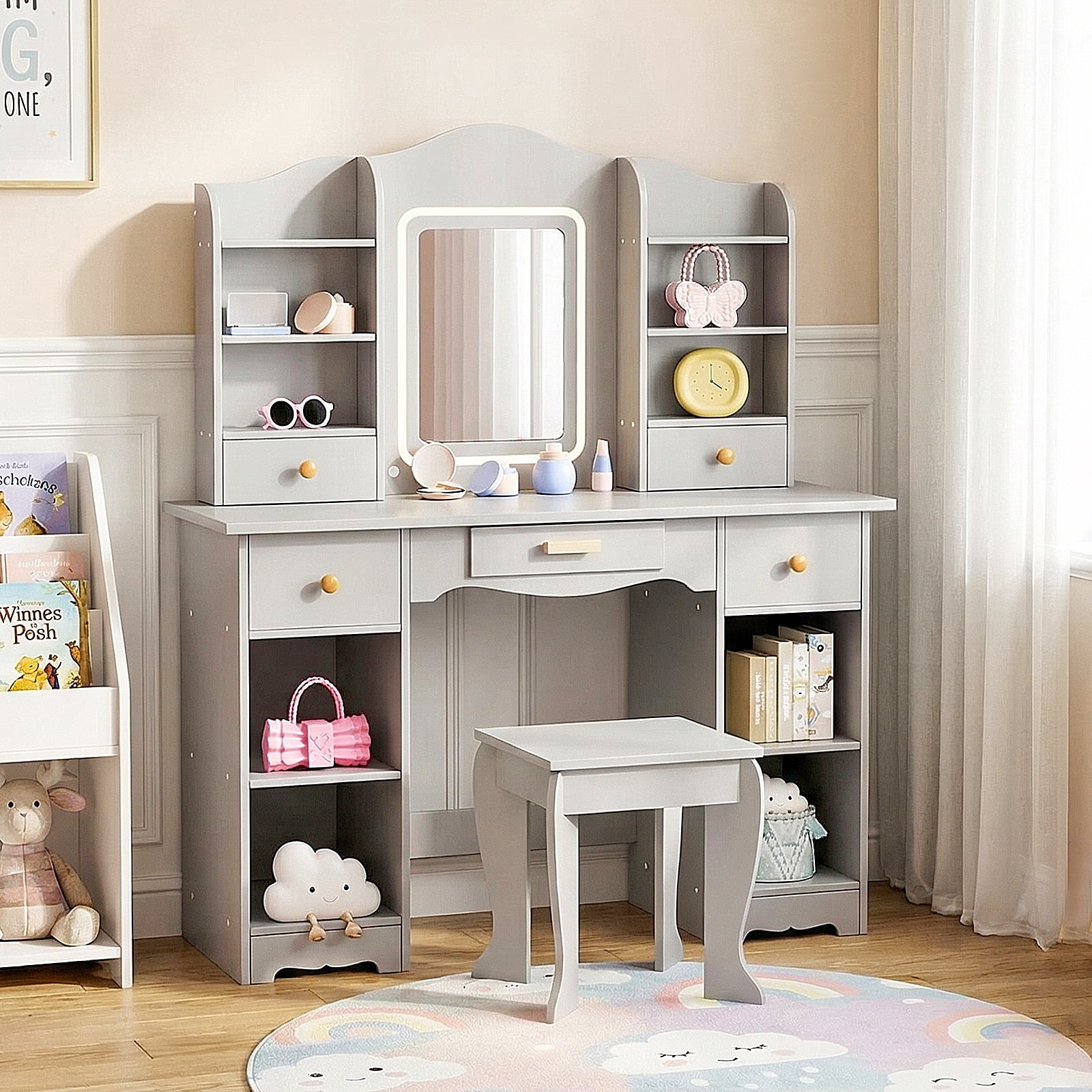 Pirecart Kids Vanity with 3 Color Lights, Girls Vanity Set with Mirror, Storage Drawer, Pretend Play Makeup Desk, with Detachable shelf, Gray