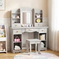 thumbnail image 3 of Pirecart Kids Vanity with 3 Color Lights, Girls Vanity Set with Mirror, Storage Drawer, Pretend Play Makeup Desk, with Detachable shelf, Gray, 3 of 10