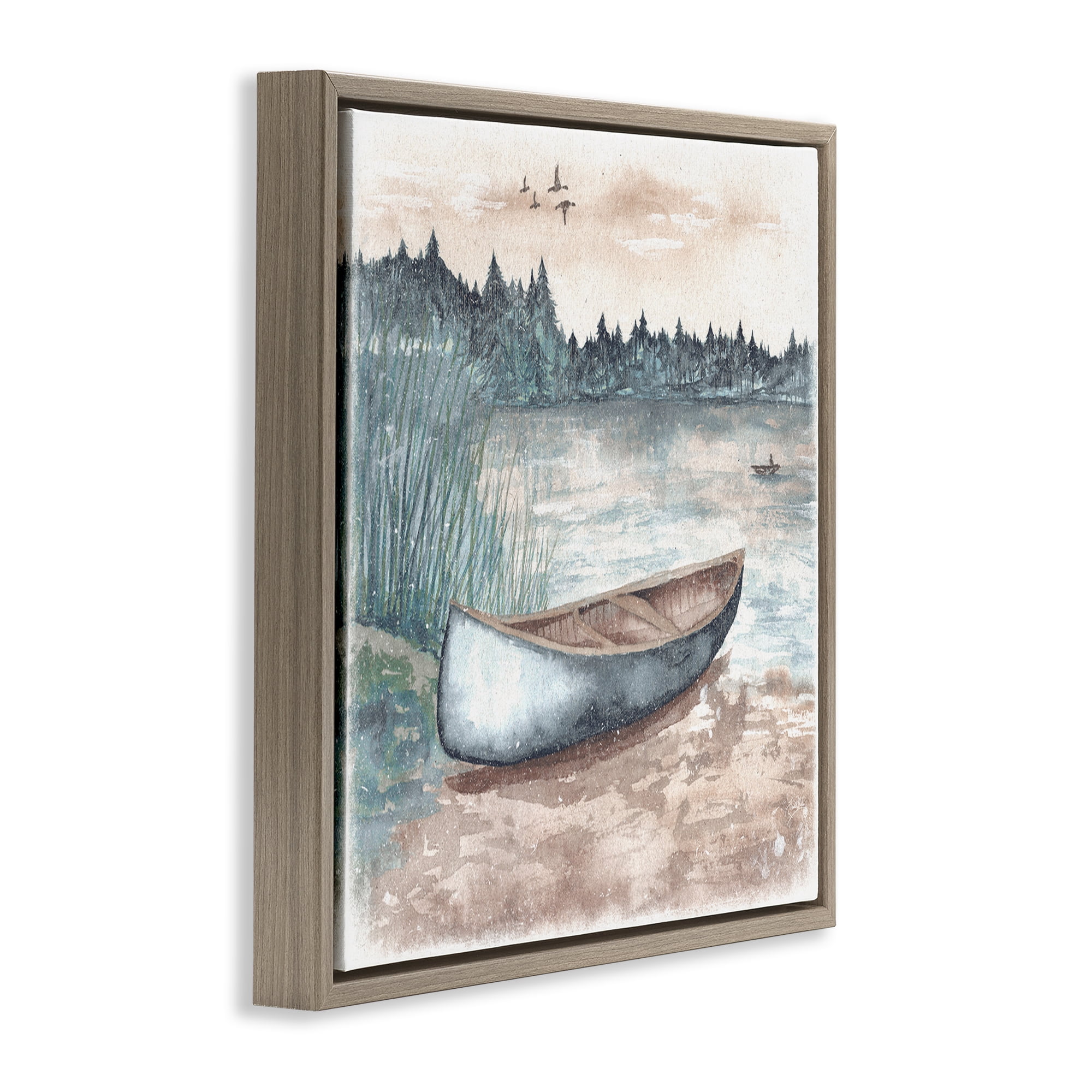 Stupell Industries Canoe on Lake Shore Landscape Painting Brown Floater Framed Canvas Art Print Wall Art, 18 x 18