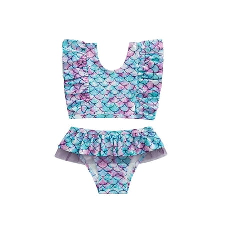 

CenturyX Lovely Kids Girls Bikini Set Cute Stripe Strawberry/Pineapple/Dot/Fish Scale/Flamingo Print Bikini Top+Ruffle Brief Swimwear Colorful Scale 0-1 Years