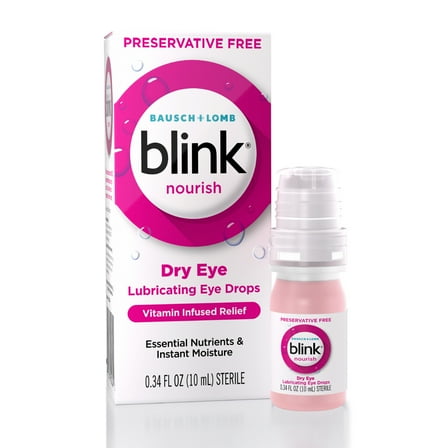 Blink Nourish Eye Drops for Dry Eyes, Preservative Free Lubricating Eye Drops with Hyaluronan, B12, & Vitamin C, 10 mL