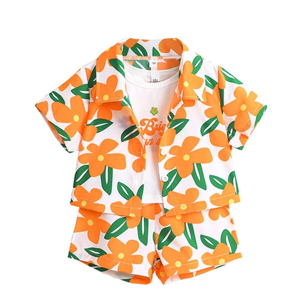 Gibobby Conjunto de 3 piezas Trajes Conjunto térmico bebé Niño Niñas Estampados florales lindos Chaleco de manga corta Tops Pantalones cortos(Naranja, 3-4 Años)