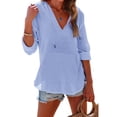 thumbnail image 2 of longantii Women's Beach Cover Up Long Sleeve Summer Linen Shirt Hoodies Sweatshirt V Neck with Pocket Hooded Tops Light Blue M, 2 of 7
