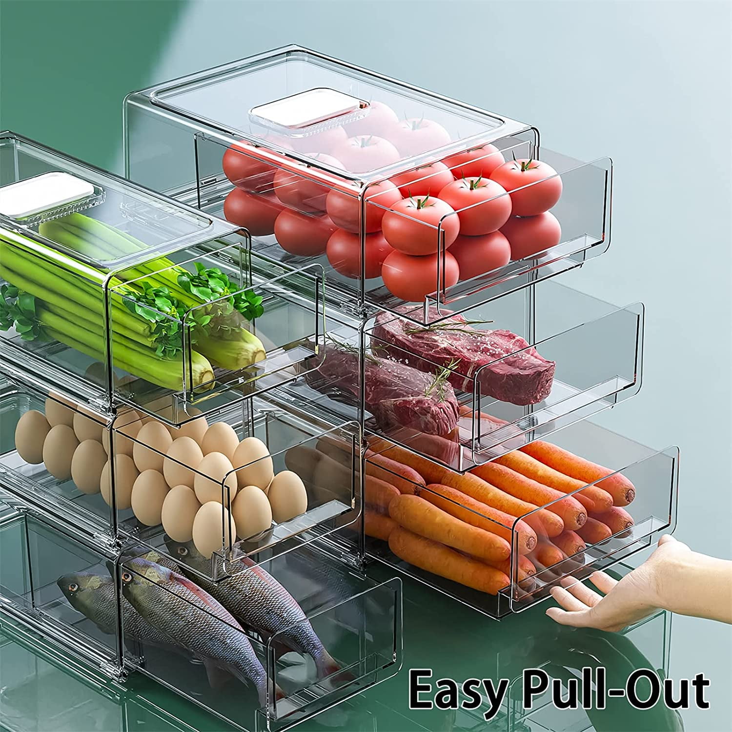Pantry Organizers and Storage Bins, Refrigerator Organizer, Plastic Stackable Storage Bins with Drawers, Pull-Out Cabinet Containers for Fridge Kitchen Office (2 PACK, Extra Large & Medium)