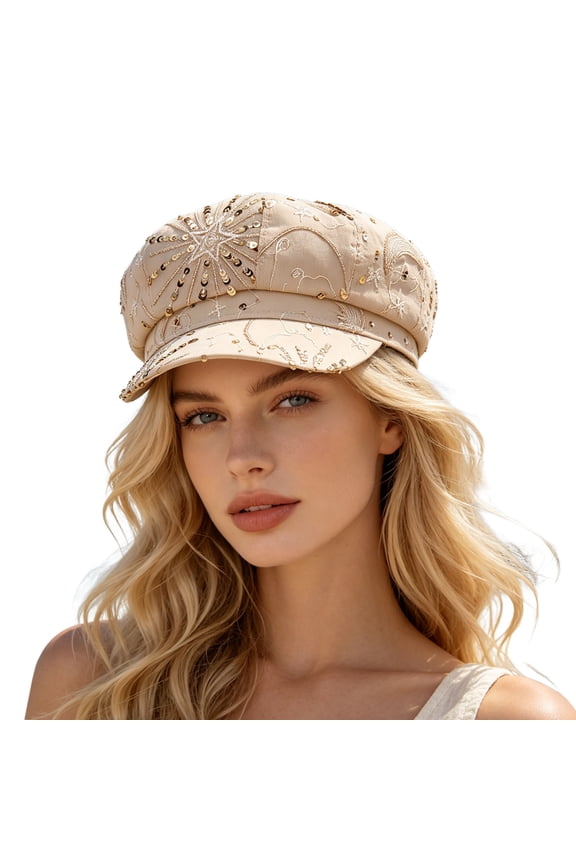 Women Beret Hat Sparkling Sequin Mesh Breathable Lightweight Polyester Festive Party Casual Beige One Size